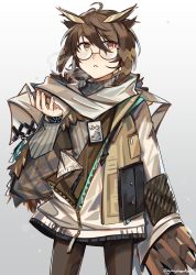 Rule 34 | 1girl, ahoge, arknights, brown coat, brown hair, brown pantyhose, brown scarf, brown sweater, coat, commentary, cowboy shot, feather hair, feathers, glasses, gradient background, graysheartart, grey background, hand up, highres, id card, infection monitor (arknights), long sleeves, looking at viewer, official alternate costume, orange eyes, pantyhose, parted lips, rhine lab logo, ribbed sweater, scarf, short hair, silence (arknights), silence (frosted breath) (arknights), solo, sweater, twitter username, winter clothes