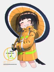 Rule 34 | 1girl, ^ ^, black hair, brown hair, closed eyes, commentary request, cropped legs, dog tail, closed eyes, facing viewer, grey background, grin, highres, holding, holding umbrella, hood, hood down, hooded jacket, jacket, kuro kosyou, long sleeves, multicolored hair, oil-paper umbrella, orange jacket, orange umbrella, original, short eyebrows, simple background, smile, solo, tail, thick eyebrows, twintails, two-handed, two-tone hair, umbrella
