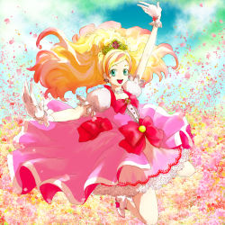 Rule 34 | 1girl, :d, aqua eyes, blonde hair, blue eyes, bow, choker, cure flora, earrings, field, flower, flower field, frilled skirt, frills, gloves, go! princess precure, gradient hair, hair ornament, half updo, haruno haruka, jewelry, long hair, looking at viewer, magical girl, multicolored hair, open mouth, outstretched arm, pink hair, pink skirt, precure, puffy sleeves, ribbon, skirt, smile, solo, streaked hair, two-tone hair, waist bow, wavy hair, white gloves, yukabara