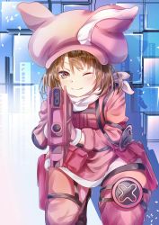 Rule 34 | 1girl, ;), aiming, aiming at viewer, animal ears, animal hat, bad id, bad pixiv id, bandana, blush, brown eyes, brown hair, bullpup, closed mouth, commentary request, facing viewer, female focus, gloves, gun, hair between eyes, hat, highres, holding, holding gun, holding weapon, jacket, kneeling, llenn (sao), long sleeves, looking at viewer, mutang, one eye closed, p-chan (p90), p-chan (sao), p90, pants, personal defense weapon, pink gloves, pink hat, pink jacket, pink pants, rabbit ears, rabbit hat, shadow, smile, solo, submachine gun, sword art online, sword art online alternative: gun gale online, tsurime, weapon, white bandana, white neckwear