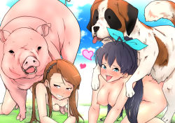 Rule 34 | 2girls, artist request, bestiality, blue hair, blush, boar, breasts, brown hair, cum, cumdrip, dog, ganaha hibiki, heart, hetero, idolmaster, idolmaster (classic), large breasts, long hair, minase iori, multiple girls, nude, outdoors, pig, saliva, sex, sky, small breasts, tears, tongue, tongue out, top-down bottom-up