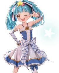 Rule 34 | 10s, 1girl, ;d, alisia0812, bare shoulders, blue hair, blunt bangs, blush, bow, detached sleeves, dress, female focus, frills, hair ornament, hair ribbon, highres, hoshikawa lily, idol, one eye closed, open mouth, ribbon, salute, skirt, sleeveless, sleeveless dress, smile, solo, standing, star (symbol), star hair ornament, twintails, two-finger salute, yellow eyes, zombie land saga