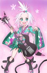 Rule 34 | alternate costume, bass guitar, blue eyes, blush, boots, cherry blossoms, creatures (company), dress, emapippi, floral print, forehead, freckles, game freak, gym leader, hair bobbles, hair ornament, happy, happy new year, highres, instrument, japanese clothes, kimono, looking at viewer, new year, nintendo, oversized clothes, pink background, pokemon, pokemon bw2, roxie (pokemon), solo, white hair