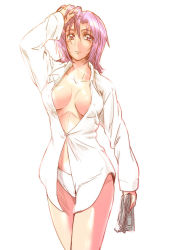Rule 34 | 1girl, bazett fraga mcremitz, breasts, cleavage, dress shirt, fate/hollow ataraxia, fate/stay night, fate (series), fue (rhomphair), hand in own hair, large breasts, newspaper, no bra, no pants, open clothes, open shirt, panties, purple eyes, purple hair, shirt, solo, underwear, white panties