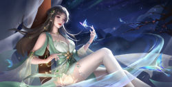 1girl baiguio_(zhu_xian) branch brown_hair bug butterfly curtains dress facial_mark flower forehead_mark green_dress highres i_bi_yao_de_huaban insect jewelry long_hair mountain necklace night night_sky pole sash sitting sky solo thighhighs zhu_xian