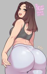 Rule 34 | 1girl, :d, agawa ryou, artist name, ass, bare shoulders, blush, breasts, brown eyes, brown hair, curvy, dated, from behind, grey background, grey shirt, huge ass, large breasts, leggings, long hair, looking at viewer, looking back, medium breasts, numbered, open mouth, original, shirt, signature, simple background, sleeveless, sleeveless shirt, smile, solo, standing, teeth, thick thighs, thighs, upper teeth only, wide hips