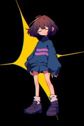 Rule 34 | 1other, black background, blue shorts, blue sweater, brown footwear, brown hair, closed eyes, closed mouth, facing viewer, frisk (undertale), full body, genkai poteto, highres, loafers, long sleeves, medium hair, shoes, shorts, simple background, socks, solo, standing, sweater, undertale, white socks