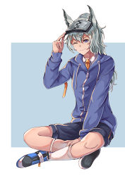 Rule 34 | 1girl, ;), absurdres, alternate costume, animal ears, arknights, blue jacket, blue shorts, commentary request, grani (arknights), hair between eyes, hand up, highres, indian style, innovation, jacket, long hair, long sleeves, looking at viewer, one eye closed, purple eyes, shoes, shorts, silver hair, sitting, smile, solo