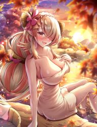 Rule 34 | 1girl, autumn, autumn leaves, blush, breasts, bucket, cleavage, commentary, duel monster, dusk, fang, flower, hair flower, hair ornament, hair over one eye, highres, large breasts, naked towel, onsen, open mouth, pointy ears, smile, sunset, towel, traptrix pinguicula, unisenpai, wooden bucket, yu-gi-oh!