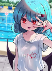 Rule 34 | 1girl, alternate costume, bat wings, blouse, blue hair, blurry, blurry background, collared shirt, commentary request, contemporary, fang, hair between eyes, medium hair, nail polish, open mouth, outdoors, pool, print shirt, red eyes, red nails, remilia scarlet, shirt, short sleeves, solo, sseopik, tile floor, tiles, touhou, v, white shirt, wings