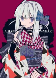 Rule 34 | 1girl, 2018, absurdres, black choker, bow, choker, closed mouth, commentary request, english text, facial mark, fur trim, hair bow, hair intakes, happy new year, highres, holding, japanese clothes, kimono, long hair, long sleeves, looking at viewer, mochizuki kei, new year, obi, original, purple eyes, red background, sash, silver hair, solo, upper body, wide sleeves