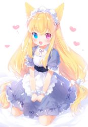 Rule 34 | 1girl, apron, argyle, argyle background, argyle clothes, bed sheet, black ribbon, blonde hair, blue eyes, blush, bow, chestnut mouth, collar, commentary request, corset, detached collar, dress, g41 (girls&#039; frontline), girls&#039; frontline, hair between eyes, hair bow, hair ribbon, heart, heterochromia, highres, long hair, looking at viewer, maid headdress, mutou mato, neck ribbon, parted lips, puffy short sleeves, puffy sleeves, purple dress, red eyes, ribbon, scrunchie, short sleeves, sitting, smile, solo, v arms, very long hair, waist apron, wariza, white apron, white bow, white collar, white scrunchie, wrist scrunchie