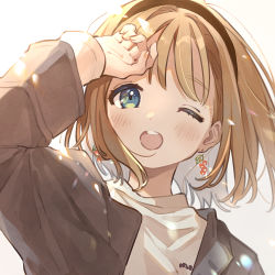 Rule 34 | 1girl, :d, blue eyes, blush, brown hair, hairband, hand on own forehead, highres, holly earrings, jacket, long sleeves, looking at viewer, mameyanagi, medium hair, nail polish, one eye closed, open mouth, original, smile, solo