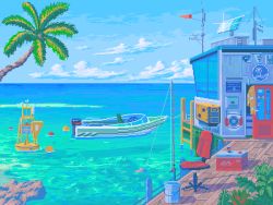 Rule 34 | animated, animated gif, blue sky, boat, bucket, building, buoy, chair, commentary, cooler, day, door, english commentary, fishing rod, flag, glint, highres, innertube, kldpxl, ladder, lifebuoy, no humans, ocean, original, outdoors, palm tree, pixel art, scenery, shadow, sky, solar panel, summer, swim ring, swivel chair, tree, watercraft, weather vane, wind
