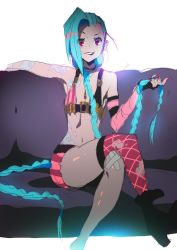 Rule 34 | 1girl, absurdly long hair, bare shoulders, belt, belt buckle, bikini, bikini top only, black footwear, blue hair, boots, braid, breasts, buckle, bullet, bullet necklace, fingerless gloves, fingernails, gloves, jewelry, jinx (league of legends), league of legends, lip biting, lipstick, long hair, low-tied long hair, makeup, nail polish, necklace, pink eyes, purple thighhighs, short shorts, shorts, single thighhigh, sitting, smile, solo, stomach, swimsuit, thighhighs, twin braids, very long hair