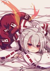 Rule 34 | 1girl, ahoge, ass, baggy pants, bed sheet, blunt bangs, blush, bow, commentary request, drooling, fiery wings, fujiwara no mokou, hair between eyes, hair bow, highres, long hair, long sleeves, looking at viewer, muuran, ofuda, open mouth, pants, parted lips, ponytail, red eyes, red pants, ribbon-trimmed sleeves, ribbon trim, shirt, sidelocks, signature, silver hair, sleeves past wrists, solo, suspenders, top-down bottom-up, touhou, white bow, white shirt, wide sleeves, wings
