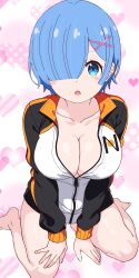 1girl :o absurdres blue_eyes blue_hair blush_stickers breasts cleavage hair_ornament hair_over_one_eye heart heart_background highres jacket large_breasts looking_at_viewer open_mouth re:zero_kara_hajimeru_isekai_seikatsu rem_(re:zero) remnia short_hair solo teeth upper_teeth_only x_hair_ornament zipper