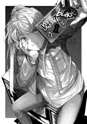 Rule 34 | 1girl, arm up, cellphone, closed mouth, commentary request, feet out of frame, greyscale, highres, holding, holding phone, ittokyu, jacket, long hair, long sleeves, monochrome, nail polish, open clothes, open jacket, original, pants, phone, shirt, sitting, smile, solo, television, v-shaped eyebrows, very long hair