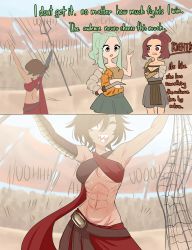 Rule 34 | 3girls, abs, absurdres, arms up, blurry, blurry background, breasts, brown eyes, brown hair, centurii-chan (artist), cleavage, commentary, crossed arms, english commentary, english text, gladiator, greco-roman clothes, green eyes, green hair, highres, holding, holding sword, holding trident, holding weapon, medium breasts, multiple girls, muscular, muscular female, navel, nervous sweating, net, one eye closed, original, polearm, ponytail, roman clothes, sharp teeth, short hair, sidelocks, slit pupils, smile, sweat, sword, teeth, toned, trident, underboob, weapon