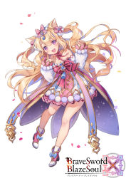 Rule 34 | 1girl, :d, animal ears, blonde hair, blush, boots, bow, brave sword x blaze soul, cat ears, character request, commentary request, copyright name, detached sleeves, dress, full body, hair between eyes, hair bow, hands up, head tilt, high heel boots, high heels, long hair, long sleeves, official art, open mouth, petals, pink bow, pom pom (clothes), puffy long sleeves, puffy sleeves, purple eyes, red footwear, round teeth, simple background, sleeves past wrists, smile, socks, solo, strapless, strapless dress, striped, striped bow, teeth, two side up, upper teeth only, very long hair, white background, white dress, white sleeves, white socks, yeonwa