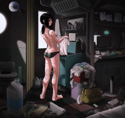 Rule 34 | 1girl, android, ass, back, bare legs, barefoot, black hair, butt crack, clothes, joints, legs, long hair, looking back, milk, original, ponytail, robot joints, solo, sukabu, topless, underwear, underwear only