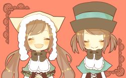 Rule 34 | 00s, 2girls, brown hair, closed eyes, hat, lowres, multiple girls, open mouth, rozen maiden, siblings, sisters, smile, souseiseki, suiseiseki, tongue, twins, twintails