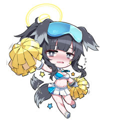 Rule 34 | 1girl, animal ears, b.t. (boob tong), black hair, blue archive, blush, breasts, cheerleader, chibi, dog ears, dog girl, dog tail, flying sweatdrops, goggles, goggles on head, hair ornament, halo, hibiki (blue archive), hibiki (cheer squad) (blue archive), highres, holding, holding pom poms, looking at viewer, midriff, millennium cheerleader outfit (blue archive), miniskirt, navel, nose blush, official alternate costume, open mouth, pleated skirt, pom pom (cheerleading), pom poms, ponytail, shirt, shoes, simple background, skirt, sleeveless, sneakers, solo, standing, star (symbol), star hair ornament, sticker on face, sweat, tail, tail wagging, white skirt, yellow halo