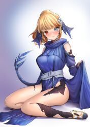 Rule 34 | 1girl, absurdres, au ra, blonde hair, blue dress, blue eyes, blush, closed mouth, clothing cutout, dragon horns, dragon tail, dress, final fantasy, final fantasy xiv, flower, gradient background, grey sash, groin, hair flower, hair ornament, head tilt, heterochromia, highres, holding, holding clothes, holding dress, horns, lipstick, long bangs, looking at viewer, makeup, no panties, no pants, pelvic curtain, ponytail, red eyes, scales, short hair, shoulder cutout, simple background, sitting, smile, solo, tail, warrior of light (ff14), yokozuwari, zuoye