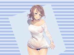 Rule 34 | 1girl, ass, bare shoulders, blue eyes, blush, breasts, brown hair, closed mouth, collarbone, covered navel, dripping, gluteal fold, holding, large breasts, legs, looking to the side, love live!, love live! sunshine!!, myumyumyu, navel, see-through clothes, short hair, simple background, thighs, variant set, watanabe you, wet, wet clothes