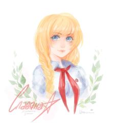 Rule 34 | 1girl, 2ch.ru, artist name, blonde hair, blue eyes, blush, braid, character name, collared shirt, copyright name, emblem, everlasting summer, light smile, lips, long hair, mad ryouko, neckerchief, red ribbon, ribbon, russian text, shirt, simple background, slavya-chan, smile, solo, twin braids, upper body, white background, white shirt