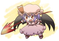 Rule 34 | 1girl, :d, bat wings, bow, footwear bow, full body, hat, hat ribbon, holding, holding polearm, holding weapon, looking at viewer, mob cap, open mouth, pink footwear, pink hat, pink shirt, pink skirt, polearm, red bow, red eyes, red ribbon, remilia scarlet, ribbon, rokugou daisuke, shirt, skirt, smile, solo, spear the gungnir, standing, touhou, v-shaped eyebrows, weapon, wings, wrist cuffs