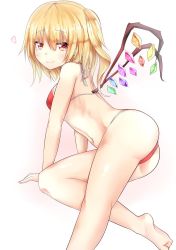 Rule 34 | 1girl, ass, bad id, bad pixiv id, bare shoulders, bikini, blonde hair, breasts, flandre scarlet, hair between eyes, heart, highres, long hair, navel, one side up, red bikini, red eyes, simple background, small breasts, smile, solo, string bikini, swimsuit, touhou, white background, wings, yuki (snowmaiden)