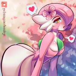 Rule 34 | 1girl, alternate color, alternate shiny pokemon, artist name, blush, bob cut, breasts, cherry blossoms, cleavage, colored skin, cowboy shot, creatures (company), day, eyeshadow, female focus, flower, from side, game freak, gardevoir, gen 3 pokemon, hair flower, hair ornament, hair over one eye, half-closed eyes, hanshyn, heart, leaning forward, looking at viewer, medium breasts, multicolored skin, nintendo, one eye covered, open mouth, outdoors, patreon logo, patreon username, petals, pink eyeshadow, pink flower, pink hair, pink skin, pokemon, pokemon (creature), short hair, signature, solo, speech bubble, spoken heart, standing, two-tone skin, watermark, web address, white skin, yellow eyes