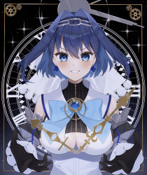 Rule 34 | &gt;:), 1girl, absurdres, black background, black gloves, blue bow, blue bowtie, blue eyes, blue hair, bow, bow earrings, bowtie, breasts, brooch, chain, chain headband, cleavage cutout, clock, clock hands, clothing cutout, commentary, detached sleeves, earrings, gears, gloves, grin, hair intakes, head chain, high collar, highres, hololive, hololive english, jewelry, kaede (kaede desu107), large breasts, looking at viewer, ouro kronii, ouro kronii (1st costume), outstretched hand, roman numeral, shirt, short hair, smile, solo, sparkle, underboob, upper body, v-shaped eyebrows, virtual youtuber, white shirt, zipper