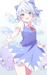 Rule 34 | 1girl, animal, blue background, blue bow, blue dress, blue eyes, blue hair, bow, cirno, collared shirt, cowboy shot, dress, frog, frozen frog, gradient background, hair bow, highres, ice, ice wings, looking at viewer, nankotsu, open mouth, puffy short sleeves, puffy sleeves, shirt, short hair, short sleeves, smile, solo, standing, touhou, white background, white shirt, wing collar, wings