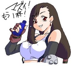 Rule 34 | 1990s (style), 1girl, brown hair, earrings, final fantasy, final fantasy vii, fingerless gloves, gloves, jewelry, long hair, low-tied long hair, lowres, oekaki, pinky out, potion, red eyes, retro artstyle, sakae (pvalk), solo, text focus, tifa lockhart, translated