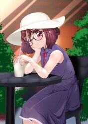 Rule 34 | 1girl, alternate costume, bespectacled, black-framed eyewear, black dress, blush, brown hair, chair, cup, day, disposable cup, dress, drink, drinking straw, glasses, hair ornament, hanadera nodoka, hat, healin&#039; good precure, highres, holding, holding drink, looking at viewer, on kazu, outdoors, over-rim eyewear, pink eyes, plant, precure, semi-rimless eyewear, short hair, sitting, sleeveless, sleeveless dress, smile, solo, sun hat, sunlight, table