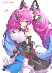 Rule 34 | 1girl, bell, belt, blush, bow, breasts, character name, cleo (dragalia lost), closed mouth, commentary request, cowboy shot, detached sleeves, dragalia lost, gradient hair, hair bell, hair bow, hair ornament, headdress, highres, large breasts, long hair, looking at viewer, multicolored hair, purple eyes, rokushou kokuu, simple background, solo, twintails, twitter username, two-tone hair, very long hair, white background, white legwear