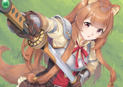 Rule 34 | 1girl, animal ear fluff, animal ears, arm guards, armor, belt, blunt bangs, breastplate, brown belt, brown eyes, brown gloves, brown hair, commentary request, drawing sword, dress, gloves, grass, holding, holding sword, holding weapon, long hair, looking at viewer, miri (ago550421), neck ribbon, open mouth, outdoors, raccoon ears, raccoon girl, raccoon tail, raphtalia, red ribbon, ribbon, sheath, short dress, shoulder armor, sidelocks, solo, sword, tail, tate no yuusha no nariagari, unsheathing, weapon