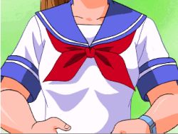 Rule 34 | 1girl, animated, animated gif, artist request, blush, bouncing breasts, breasts, brown hair, clothes lift, collarbone, embarrassed, green background, green eyes, idol janshi suchie-pai, long hair, lowres, mizuno yuki, nipples, no bra, ponytail, school uniform, serafuku, shirt lift, simple background, small breasts, small nipples, solo, upper body