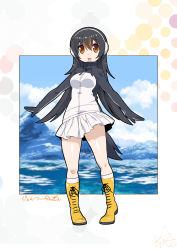 Rule 34 | 10s, black hair, blush, boots, breasts, brown eyes, commentary request, gentoo penguin (kemono friends), headphones, highres, jacket, kemono friends, long hair, multicolored hair, penguin tail, penguins performance project (kemono friends), tail, umigarasu (kitsune1963)