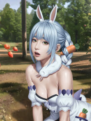 Rule 34 | 1girl, absurdres, animal ear fluff, animal ears, bare shoulders, black leotard, blue hair, blue sky, braid, breasts, caramel buding, carrot, carrot hair ornament, carrot in pocket, cleavage, coat dress, commentary, detached sleeves, don-chan (usada pekora), dress, foliage, food, food-themed hair ornament, forest, fruit, fur scarf, grass, green eyes, hair between eyes, hair ornament, hands on ground, hands on own knees, highres, hikimayu, hololive, kneeling, leaning forward, leotard, lips, long hair, medium breasts, multicolored hair, nature, nose, outdoors, parted lips, pink lips, puffy short sleeves, puffy sleeves, rabbit ears, rabbit girl, rabbit tail, realistic, romaji commentary, shadow, short eyebrows, short sleeves, sidelocks, sky, solo, strapless, strapless coat, strapless dress, strapless leotard, strawberry, tail, teeth, thick eyebrows, twin braids, two-tone hair, upper teeth only, usada pekora, usada pekora (1st costume), virtual youtuber, white fur, white hair, white sleeves