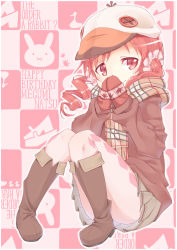 Rule 34 | 1girl, argyle, bad id, bad pixiv id, blush, boots, brown jacket, brown legwear, brown scarf, brown skirt, buttons, closed mouth, commentary request, convenient leg, covering own mouth, gloves, gochuumon wa usagi desu ka?, hair ornament, hair scrunchie, hat, hetareeji, highres, jacket, knees together feet apart, long hair, looking at viewer, low twintails, mittens, natsu megumi, outline, pink scrunchie, plaid, plaid scarf, pleated skirt, red eyes, red gloves, red hair, scarf, scrunchie, sitting, skirt, smile, solo, twintails, two-tone background, upskirt, wavy hair, white hat, white outline