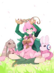 Rule 34 | 1girl, arms up, boots, breasts, crossed legs, cutemon, detached sleeves, digimon, digimon (creature), dress, fairy, falling petals, flower, flower wreath, grass, green eyes, green footwear, green sleeves, hair vines, highres, holding, holding wreath, knee boots, large breasts, lilimon, long hair, looking at another, looking at object, lopmon, loyaldis, monster girl, petals, pink dress, pink petals, pink scarf, plant girl, scarf, simple background, sitting, sleeveless, sleeveless dress, white background