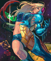Rule 34 | 1girl, 1other, absurdres, arm cannon, armor, blonde hair, blue eyes, crop top, dissolving clothes, fusion suit, glowing, glowing eyes, helmet, highres, kornart, long hair, looking at viewer, metroid, metroid fusion, navel, nintendo, parted lips, planet, power armor, sa-x, samus aran, short shorts, shorts, space, stomach, weapon, x parasite
