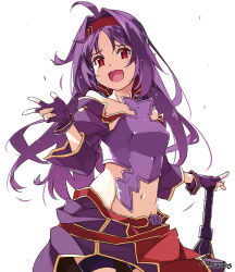 Rule 34 | 1girl, armor, covered navel, cowboy shot, detached sleeves, english text, fingerless gloves, fingernails, gloves, groin, hair intakes, hairband, happy birthday, highres, light blush, long fingernails, long hair, looking at another, mixed-language commentary, planted, purple armor, purple gloves, purple hair, red eyes, red hairband, shikei, smile, solo, sword, sword art online, thigh strap, v, weapon, white background, yuuki (sao)