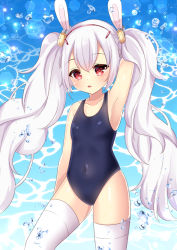 Rule 34 | 1girl, animal ears, arm up, armpits, azur lane, bare arms, bare shoulders, blue one-piece swimsuit, blush, breasts, collarbone, commentary request, covered navel, hair between eyes, hair ornament, hairband, head tilt, laffey (azur lane), long hair, misaki (misaki86), one-piece swimsuit, parted lips, rabbit ears, red eyes, red hairband, school swimsuit, silver hair, small breasts, solo, standing, swimsuit, thighhighs, twintails, very long hair, water, water drop, white thighhighs