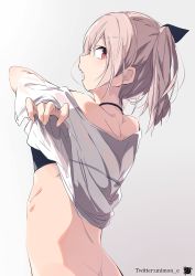 Rule 34 | 1girl, bad id, bad pixiv id, bare shoulders, bikini, bikini top only, black bikini, blush, butt crack, gradient background, grey background, highres, looking at viewer, open mouth, original, red eyes, shirt, short hair, short sleeves, solo, swimsuit, t-shirt, twintails, twitter username, underwear, undressing, unimon e, white shirt