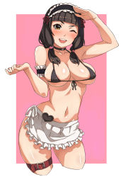 Rule 34 | 1girl, ;d, apron, areola slip, arm garter, arm up, armpits, bare shoulders, bikini, black bikini, blunt bangs, blush, border, breasts, brown eyes, brown hair, buckle, caee penguin, choker, cleavage, collarbone, covered erect nipples, cropped legs, frilled apron, frills, granado espada, hair ribbon, heart, highres, large breasts, looking at viewer, low twintails, maid, maid bikini, maid headdress, marie (granado espada), micro bikini, navel, one eye closed, open mouth, outside border, pink background, pink ribbon, ribbon, salute, shiny skin, short hair, simple background, smile, solo, standing, swimsuit, thigh strap, twintails, unconventional maid, waist apron, white border
