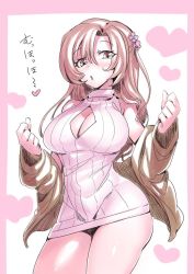 Rule 34 | 1girl, anezaki yukimi, blush, breasts, brown eyes, brown hair, cleavage cutout, clothing cutout, flower, hair flower, hair ornament, heart, large breasts, long hair, looking at viewer, open mouth, solo, sweater, tukiwani, virtual youtuber, yukimi onee-channel